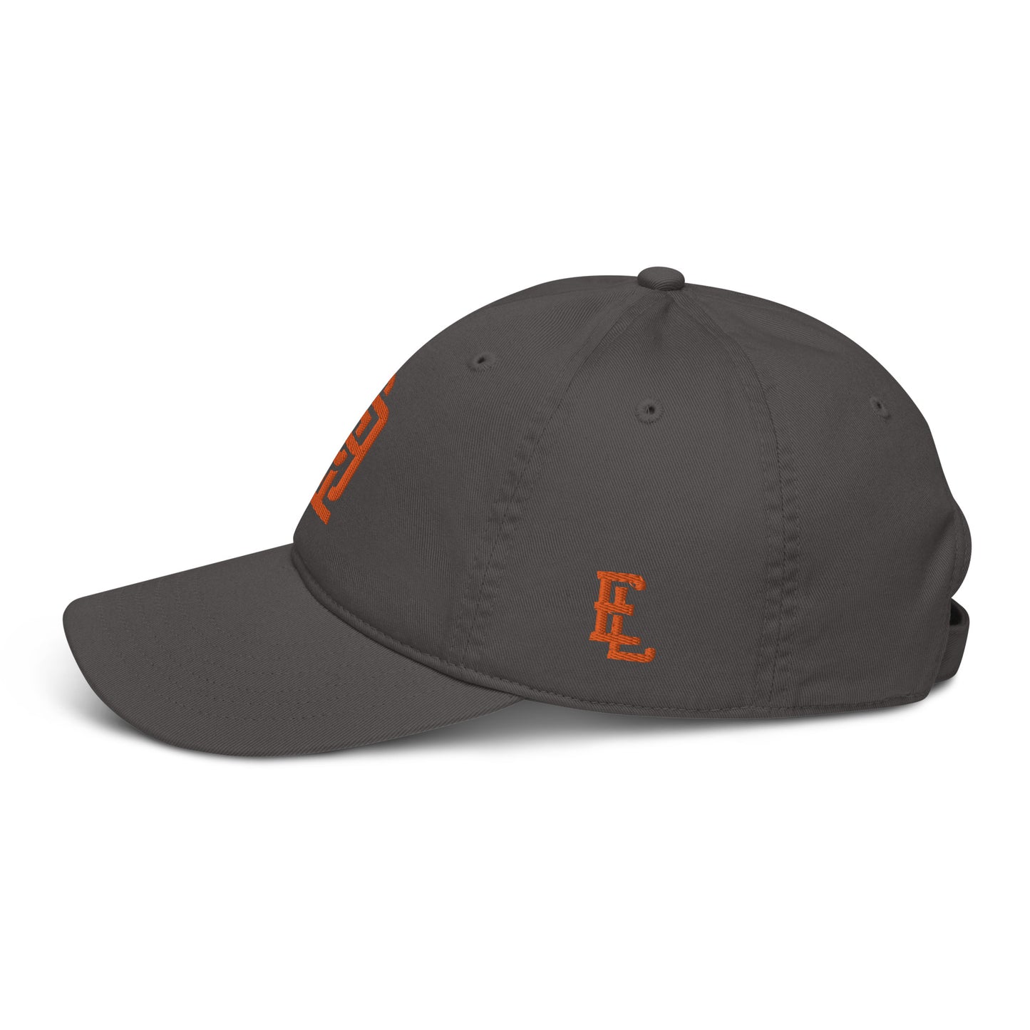 "619" Organic Baseball Cap | Econscious EC7000 | E Luna ESSENTIAL Duocrest 2 Orange Thread Front & Left Side Logos