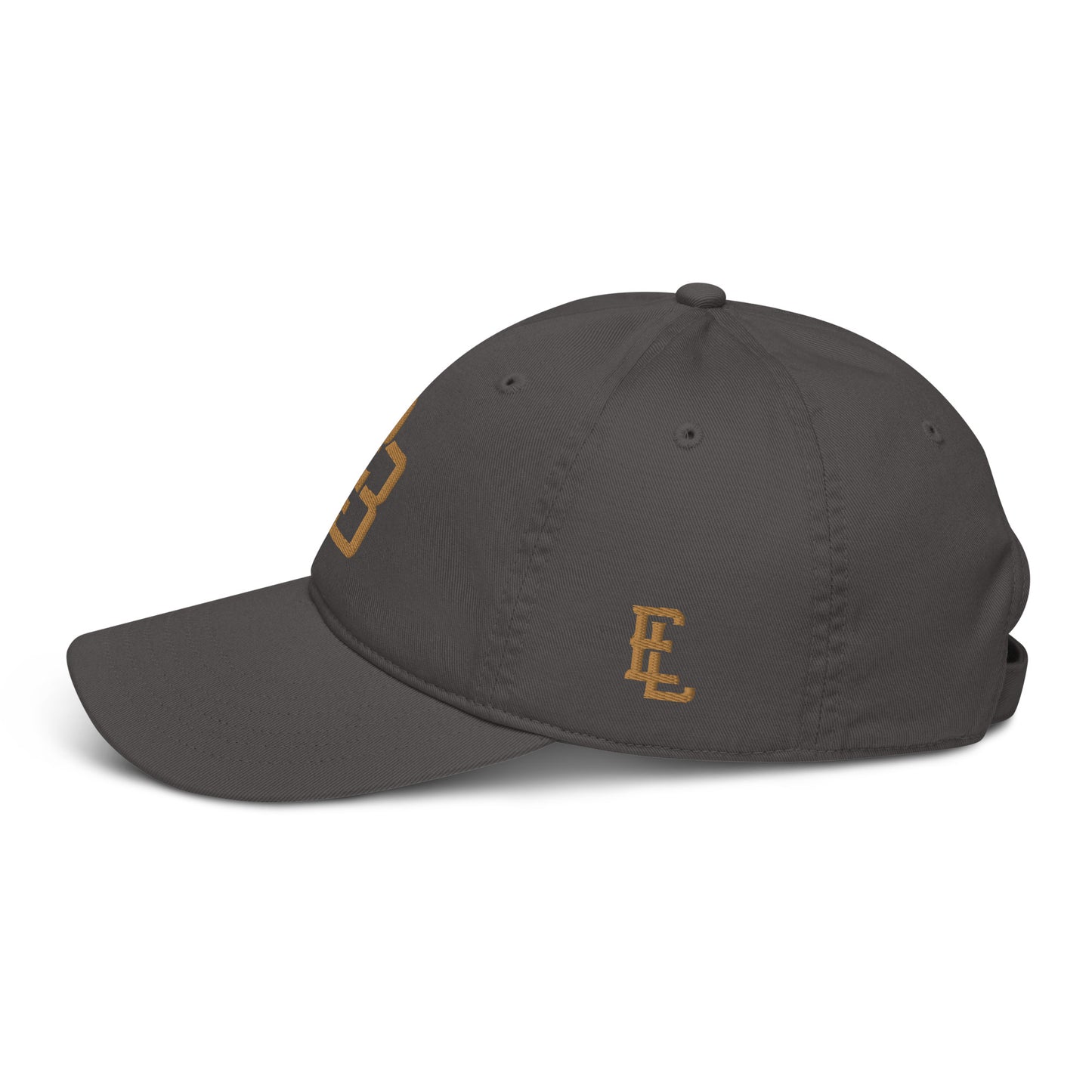 "213" Organic Baseball Cap | Econscious EC7000 | E Luna ESSENTIAL Duocrest 2 Old Gold Thread Front & Left Side Logos