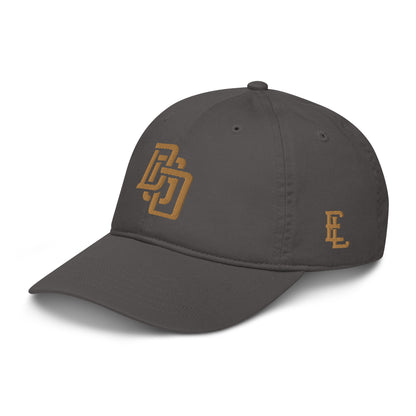 "DGO" Organic Baseball Cap | Econscious EC7000 | E Luna Brand ESSENTIAL Duocrest 2 Old Gold Thread Logos: Front & Left