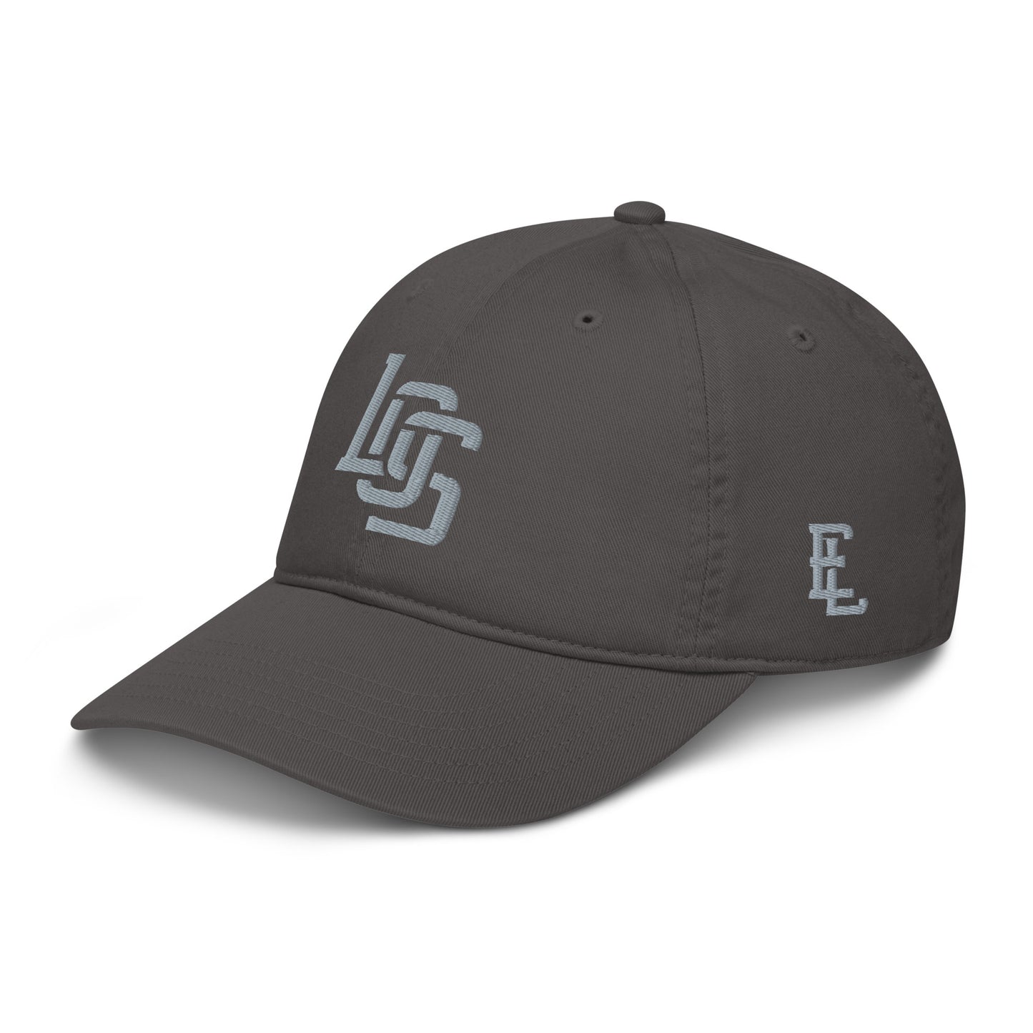 "LOS" Organic Baseball Cap | Econscious EC7000 | E Luna ESSENTIAL Duocrest 2 Grey Thread Front & Left Side Logos