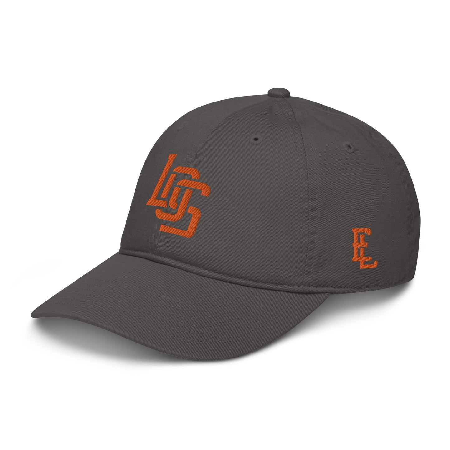 "LOS" Organic Baseball Cap | Econscious EC7000 | E Luna SELECT Tricrest 3 Orange Thread Front, Left Side & Back Logos