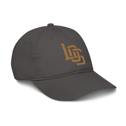 "LOS" Organic Baseball Cap | Econscious EC7000 | E Luna SELECT Tricrest 3 Old Gold Thread Front, Left Side & Back Logos