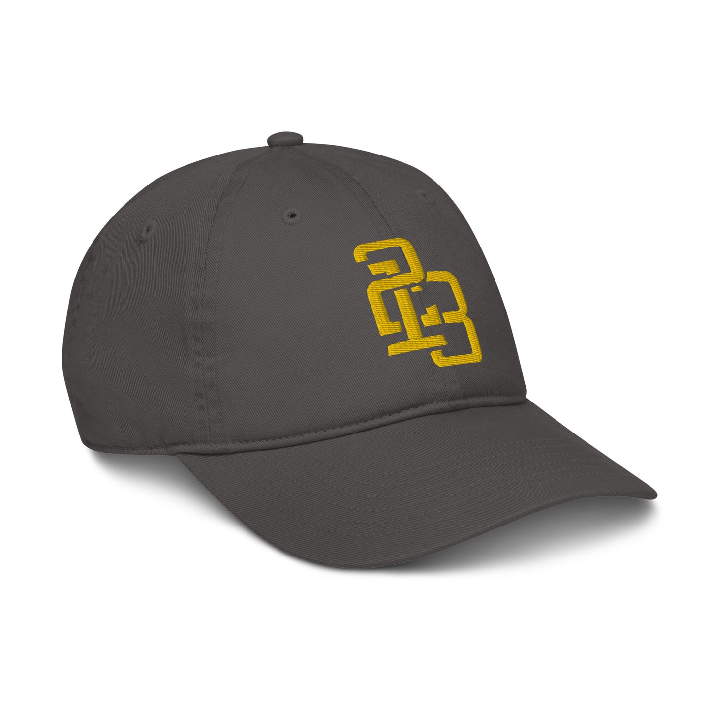 "213" Organic Baseball Cap | Econscious EC7000 | E Luna SELECT Duocrest 3 Gold Thread Front, Left Side & Back Logos