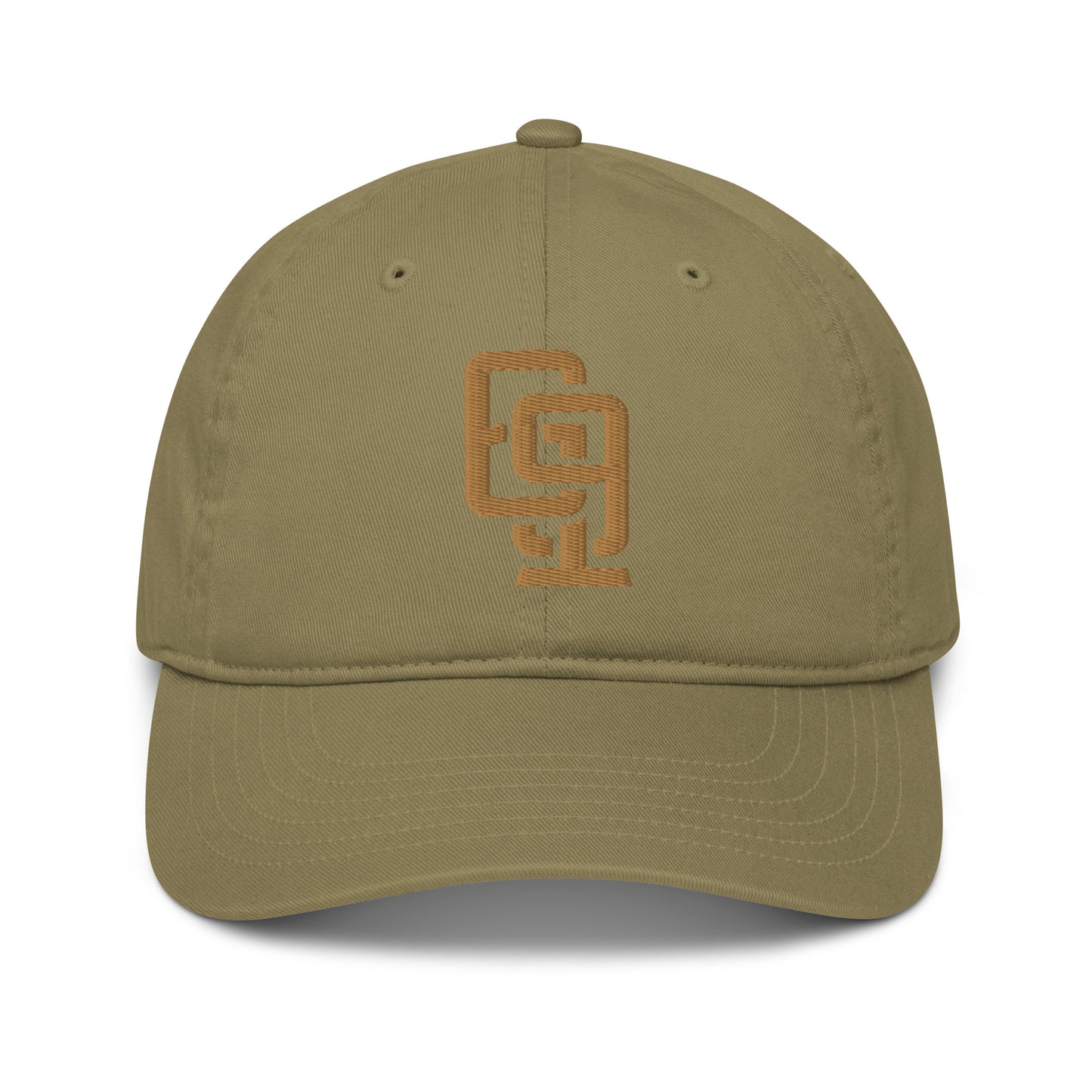 "619" Organic Baseball Cap | Econscious EC7000 | E Luna ESSENTIAL Duocrest 2 Old Gold Thread Front & Left Side Logos