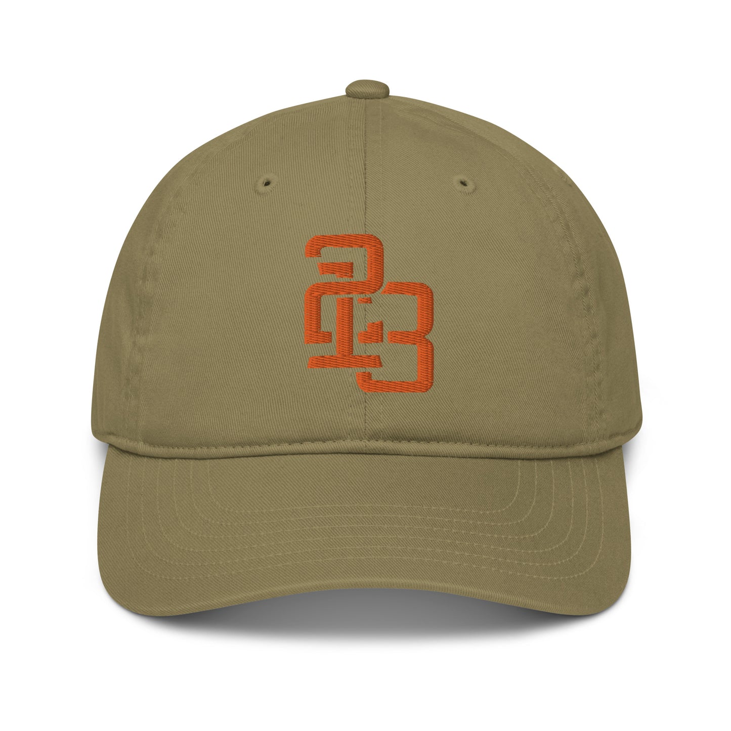 "213" Organic Baseball Cap | Econscious EC7000 | E Luna ESSENTIAL Duocrest 2 Orange Thread Front & Left Side Logos