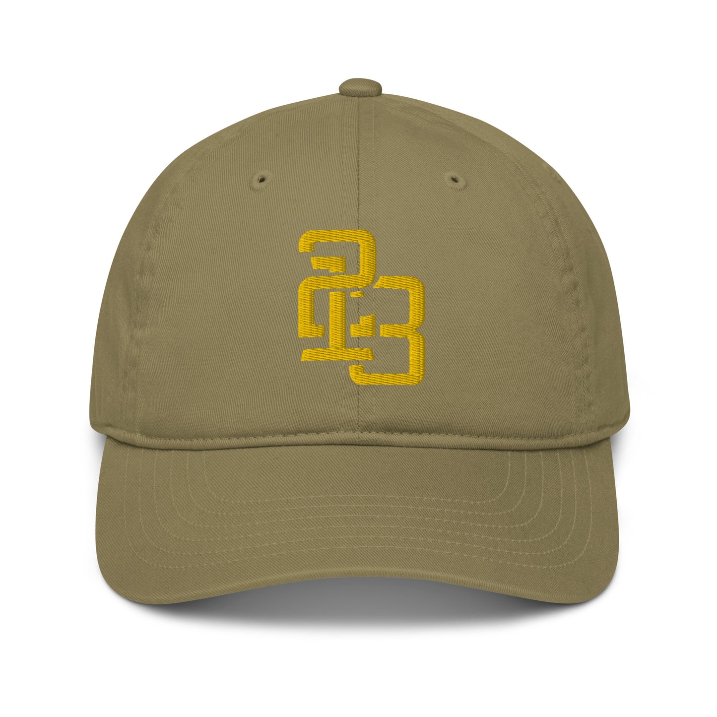 "213" Organic Baseball Cap | Econscious EC7000 | E Luna SELECT Duocrest 3 Gold Thread Front, Left Side & Back Logos