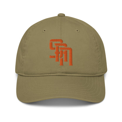"SAN" Organic Baseball Cap | Econscious EC7000 | E Luna Brand SELECT Tricrest 3 Orange Thread Logos: Front, Left & Back [3D Puff Edition]