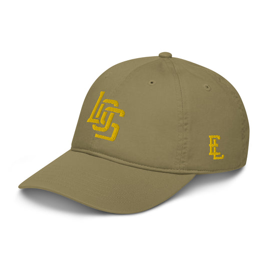 "LOS" Organic Baseball Cap | Econscious EC7000 | E Luna SELECT Tricrest 3 Gold Thread Front, Left Side & Back Logos