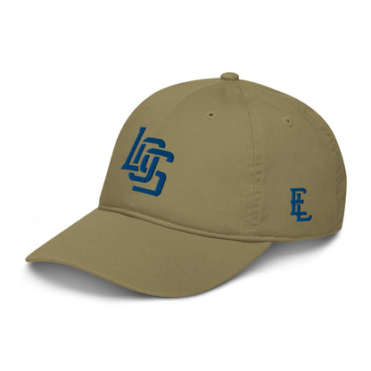 "LOS" Organic Baseball Cap | Econscious EC7000 | E Luna SELECT Tricrest 3 Royal Thread Front, Left Side & Back Logos