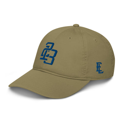 "213" Organic Baseball Cap | Econscious EC7000 | E Luna SELECT Duocrest 3 Royal Thread Front, Left Side & Back Logos