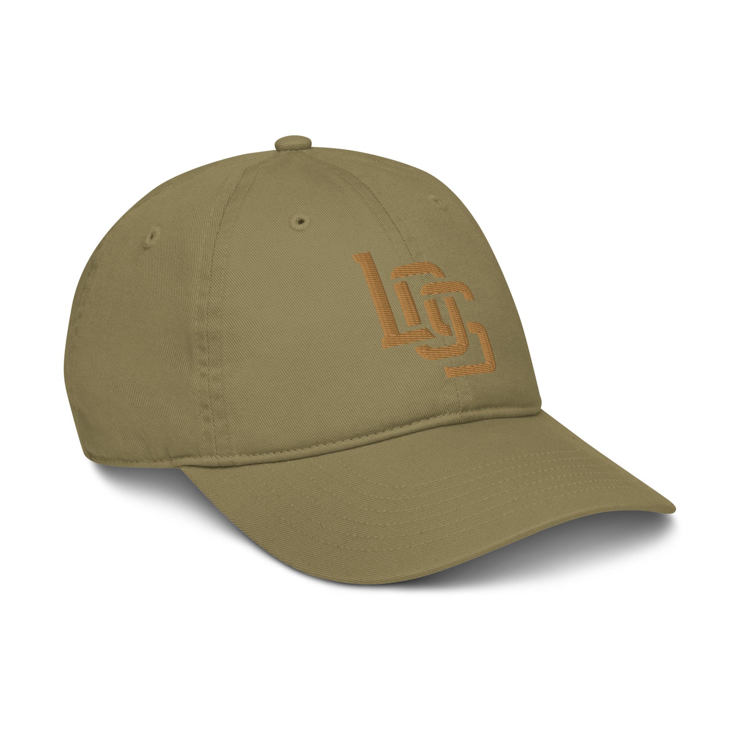 "LOS" Organic Baseball Cap | Econscious EC7000 | E Luna SELECT Tricrest 3 Old Gold Thread Front, Left Side & Back Logos