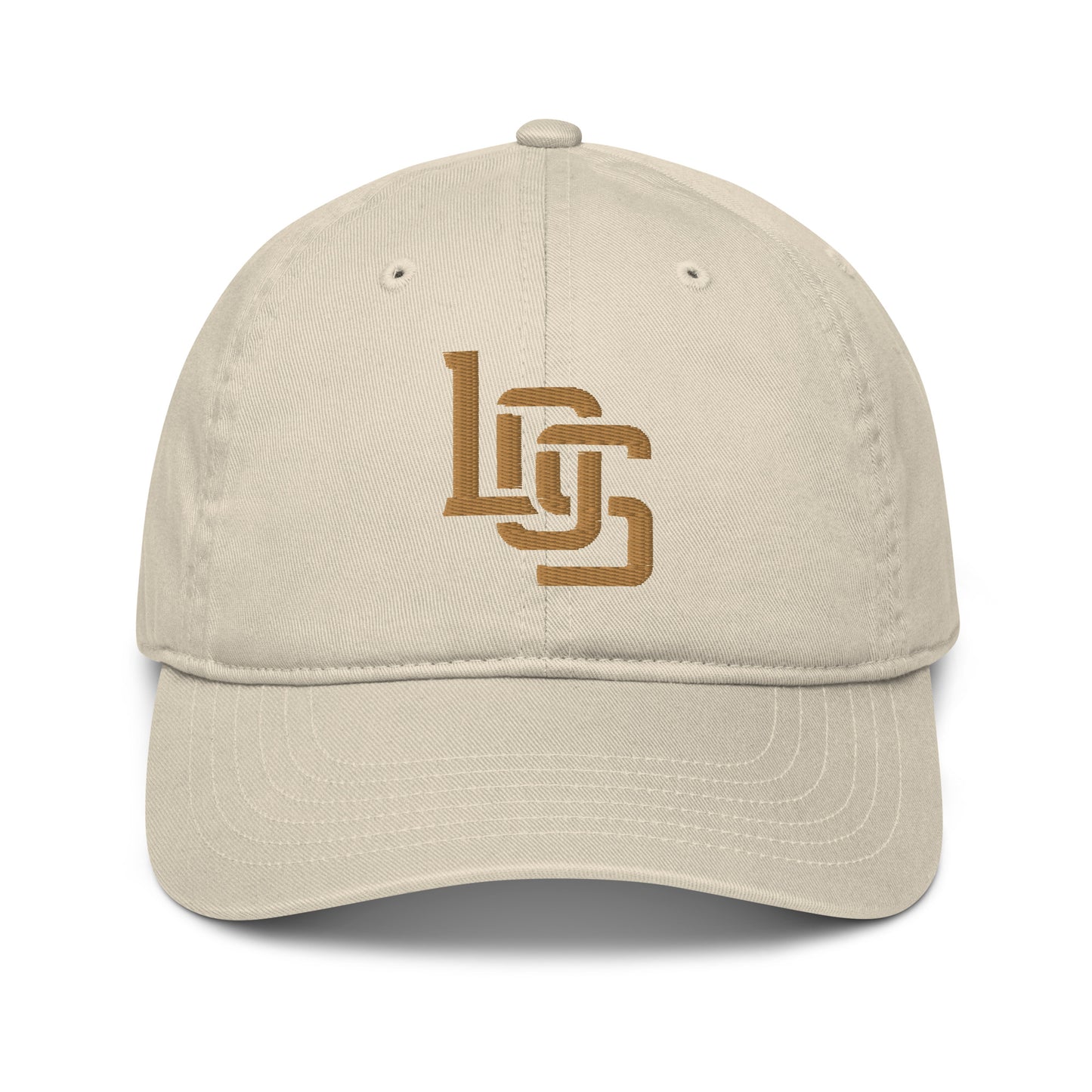 "LOS" Organic Baseball Cap | Econscious EC7000 | E Luna ESSENTIAL Duocrest 2 Old Gold Thread Front & Left Side Logos