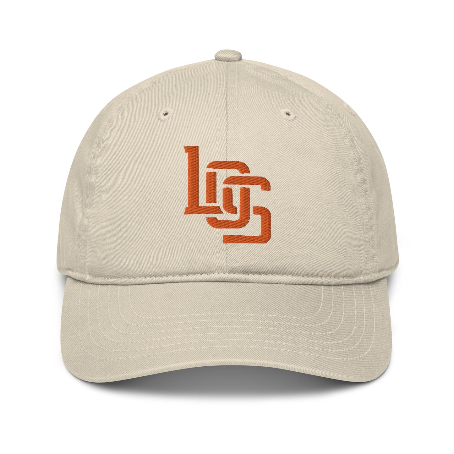 "LOS" Organic Baseball Cap | Econscious EC7000 | E Luna SELECT Tricrest 3 Orange Thread Front, Left Side & Back Logos