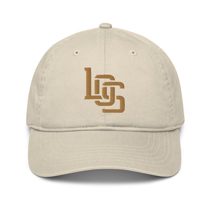 "LOS" Organic Baseball Cap | Econscious EC7000 | E Luna SELECT Tricrest 3 Old Gold Thread Front, Left Side & Back Logos