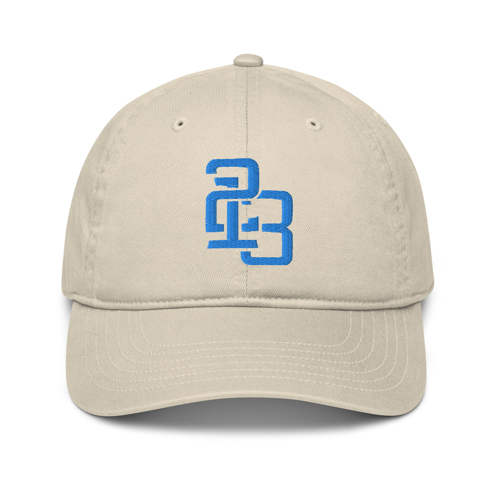 "213" Organic Baseball Cap | Econscious EC7000 | E Luna ESSENTIAL Duocrest 2 Aqua/Teal Thread Front & Left Side Logos