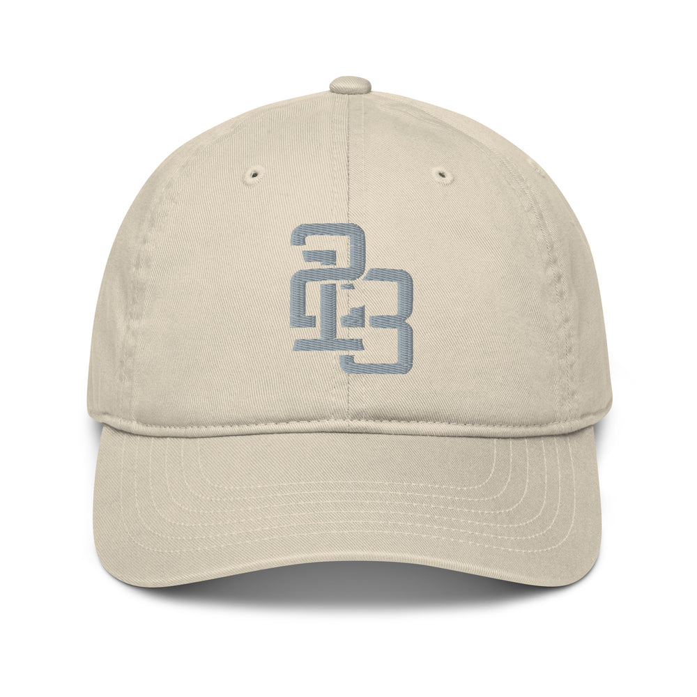 "213" Organic Baseball Cap | Econscious EC7000 | E Luna ESSENTIAL Duocrest 2 Grey Thread Front & Left Side Logos