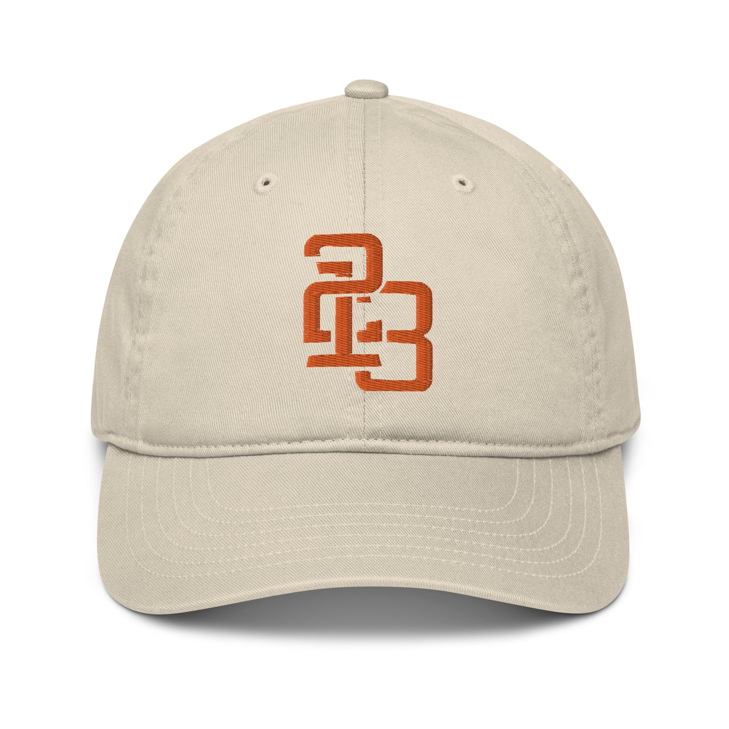 "213" Organic Baseball Cap | Econscious EC7000 | E Luna ESSENTIAL Duocrest 2 Orange Thread Front & Left Side Logos