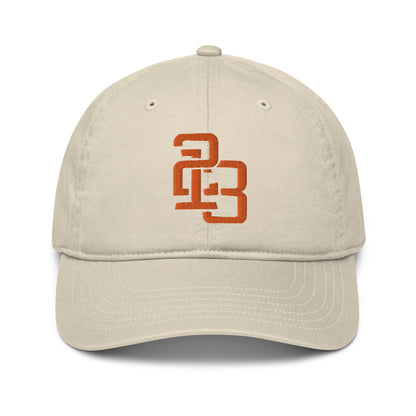 "213" Organic Baseball Cap | Econscious EC7000 | E Luna ESSENTIAL Duocrest 2 Orange Thread Front & Left Side Logos