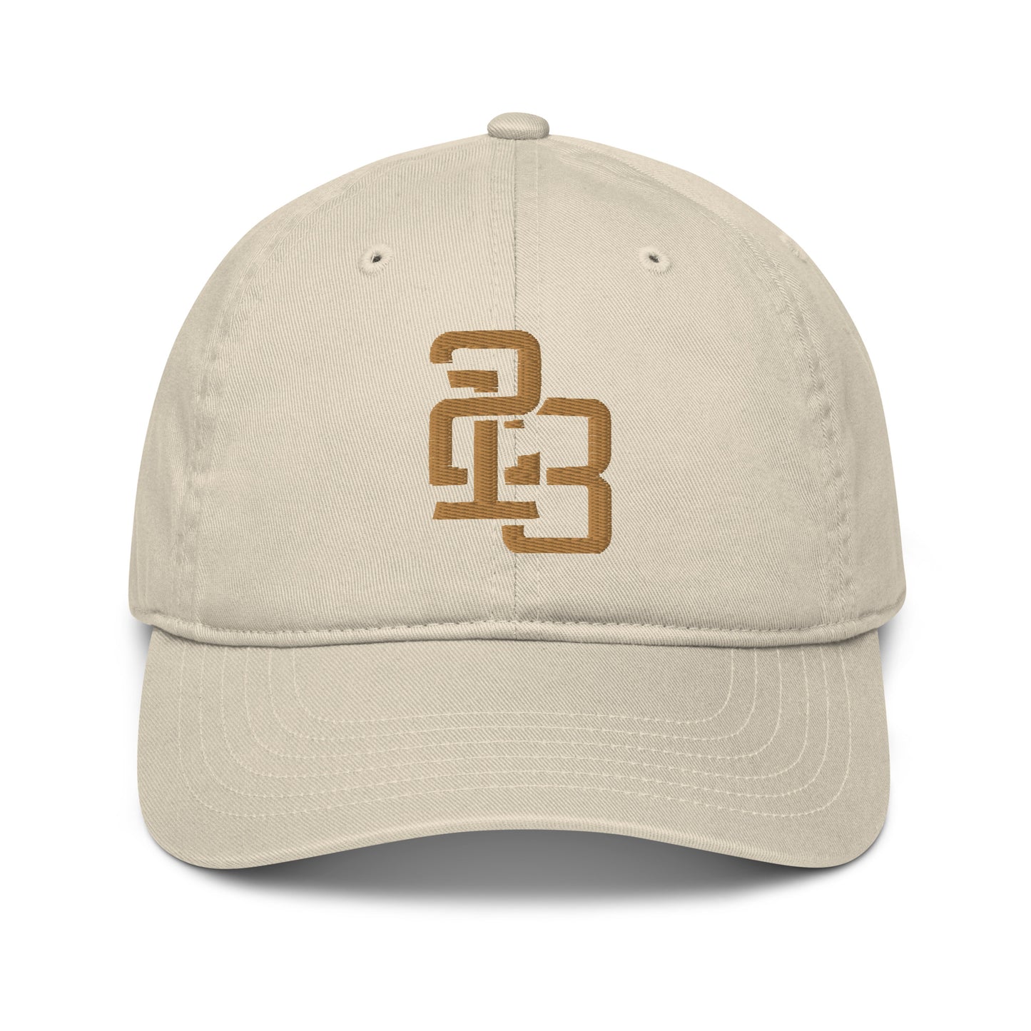 "213" Organic Baseball Cap | Econscious EC7000 | E Luna SELECT Duocrest 3 Old Gold Thread Front, Left Side & Back Logos