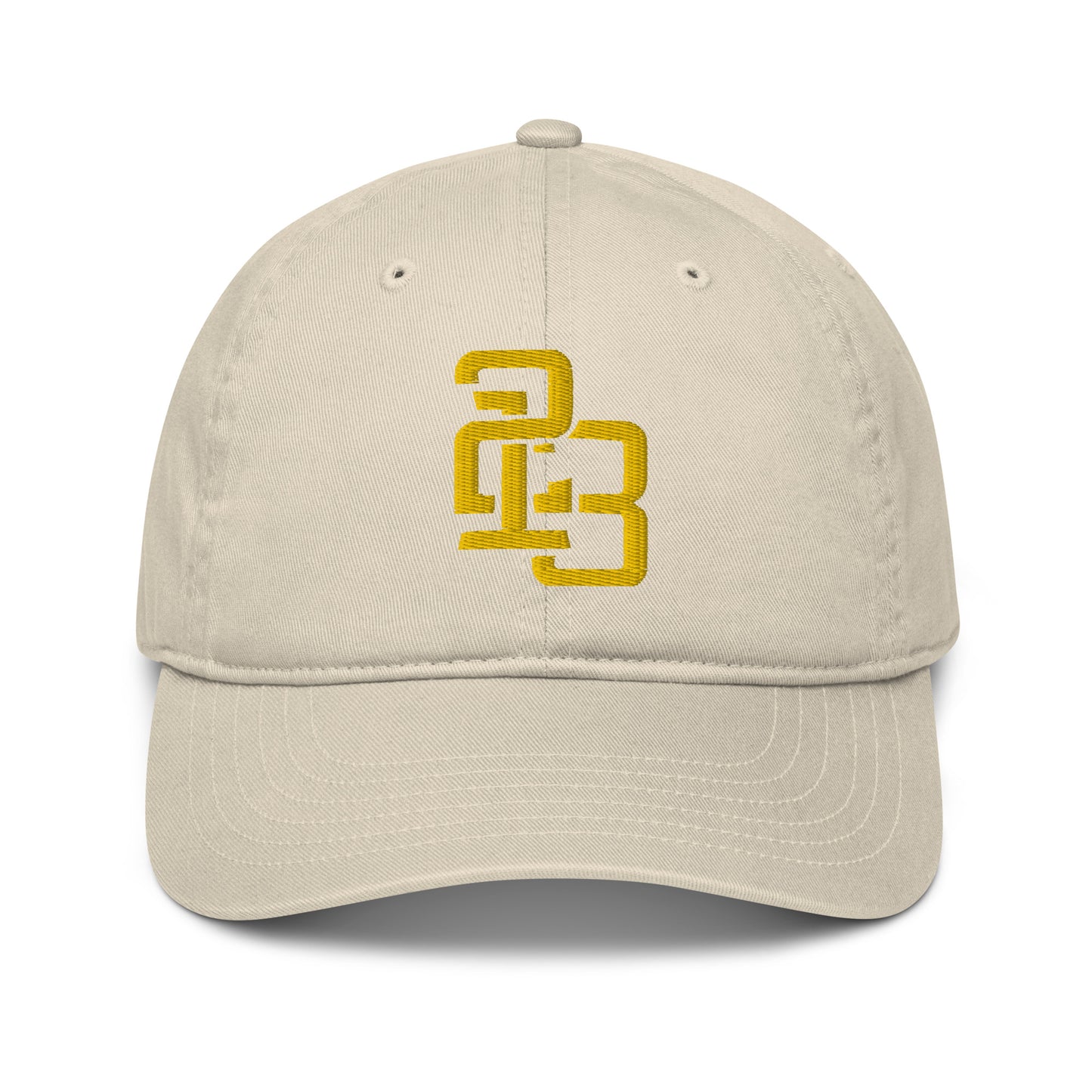 "213" Organic Baseball Cap | Econscious EC7000 | E Luna SELECT Duocrest 3 Gold Thread Front, Left Side & Back Logos