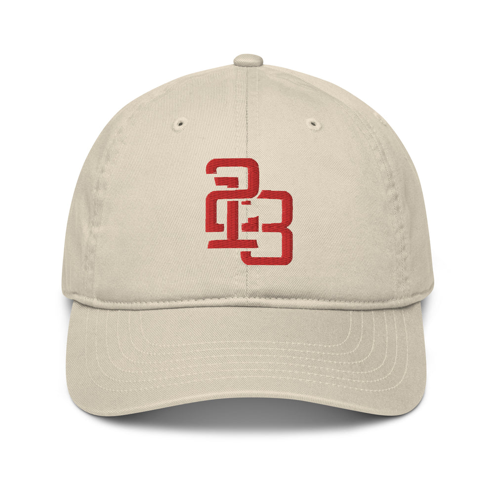 "213" Organic Baseball Cap | Econscious EC7000 | E Luna SELECT Duocrest 3 Red Thread Front, Left Side & Back Logos