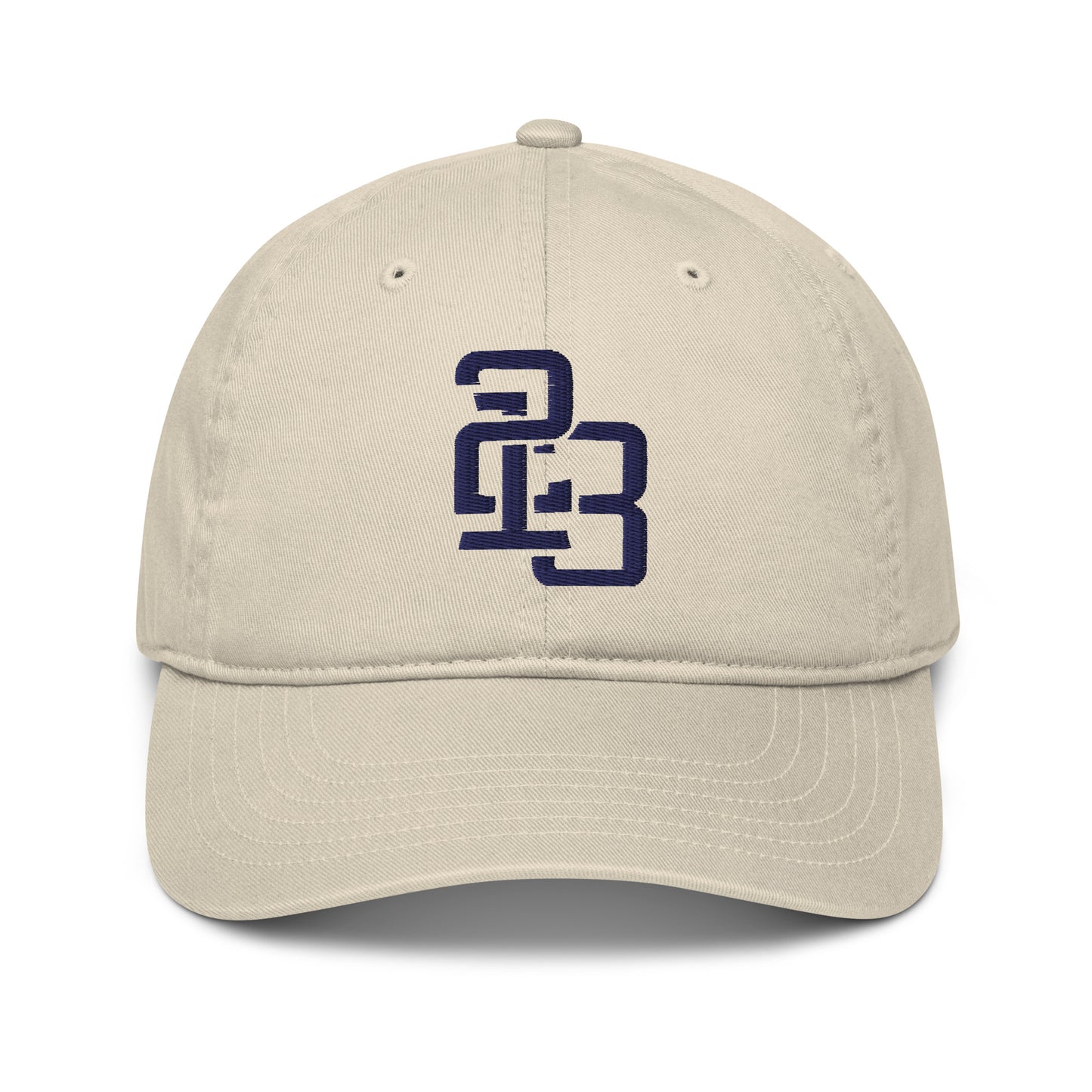 "213" Organic Baseball Cap | Econscious EC7000 | E Luna SELECT Duocrest 3 Navy Thread Front, Left Side & Back Logos