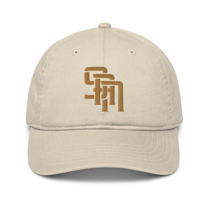 "SAN" Organic Baseball Cap | Econscious EC7000 | E Luna Brand SELECT Tricrest 3 Old Gold Thread Logos: Front, Left & Back [3D Puff Edition]