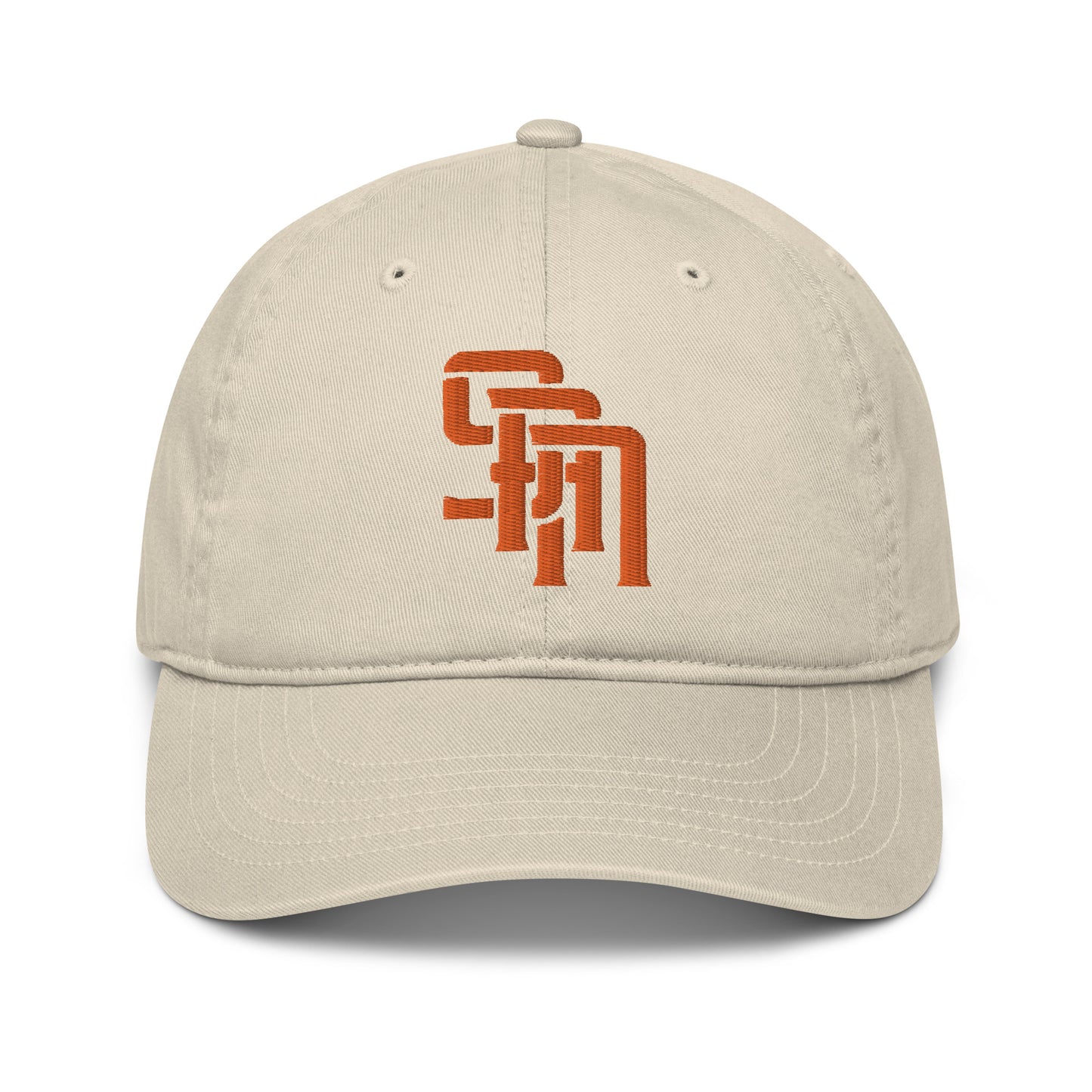"SAN" Organic Baseball Cap | Econscious EC7000 | E Luna Brand SELECT Tricrest 3 Orange Thread Logos: Front, Left & Back [3D Puff Edition]