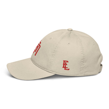 "SAN" Organic Baseball Cap | Econscious EC7000 | E Luna Brand ESSENTIAL Duocrest 2 Red Thread Logos: Front & Left