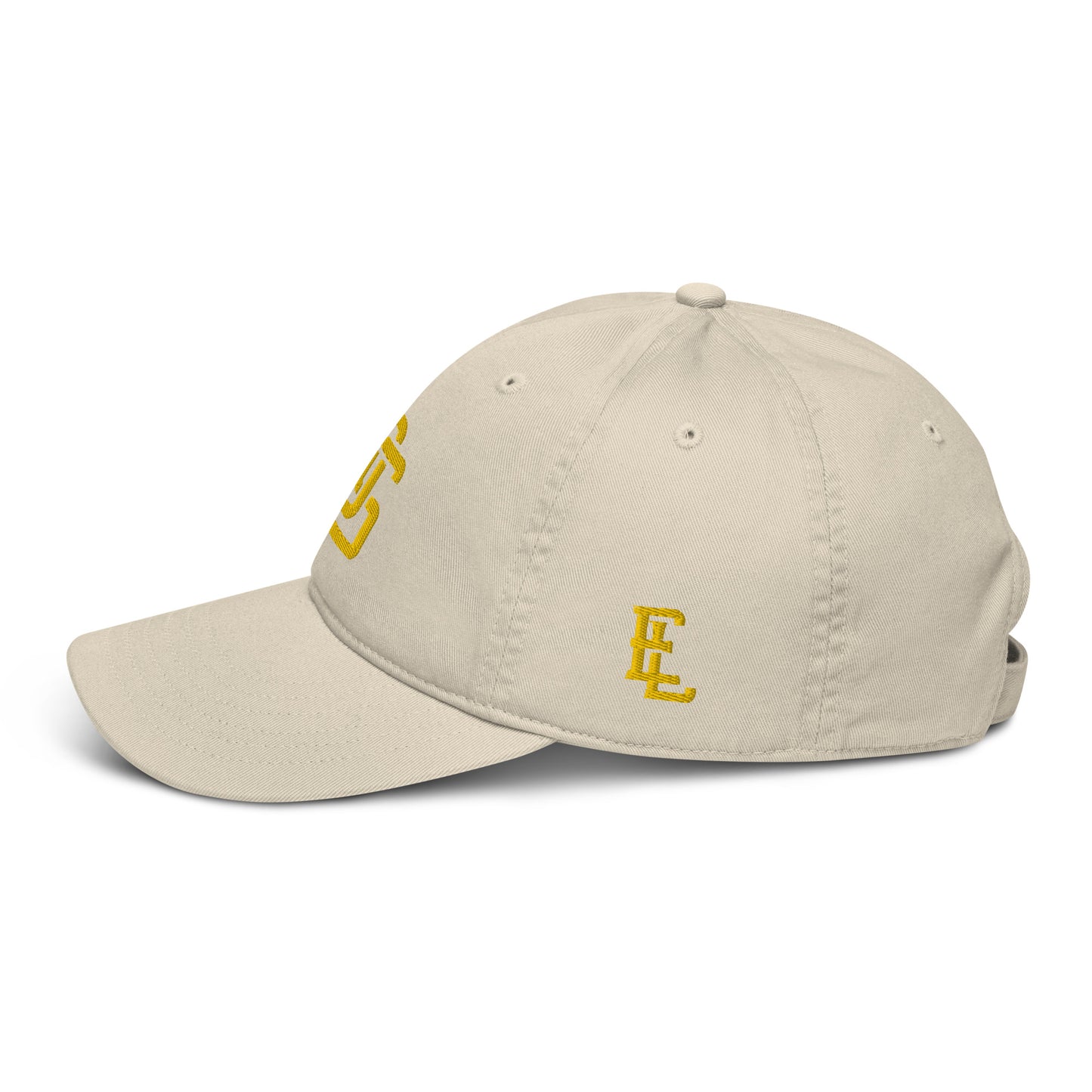 "LOS" Organic Baseball Cap | Econscious EC7000 | E Luna ESSENTIAL Duocrest 2 Gold Thread Front & Left Side Logos