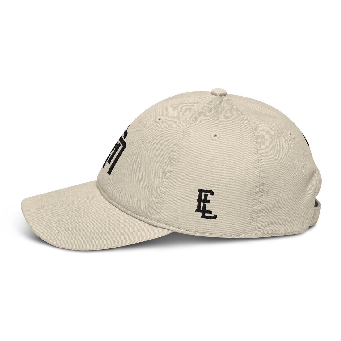 "SAN" Organic Baseball Cap | Econscious EC7000 | E Luna Brand PREMIUM Quadcrest 4 Black Thread Logos: Front, Left, Right Signature & Back [3D Puff Edition]