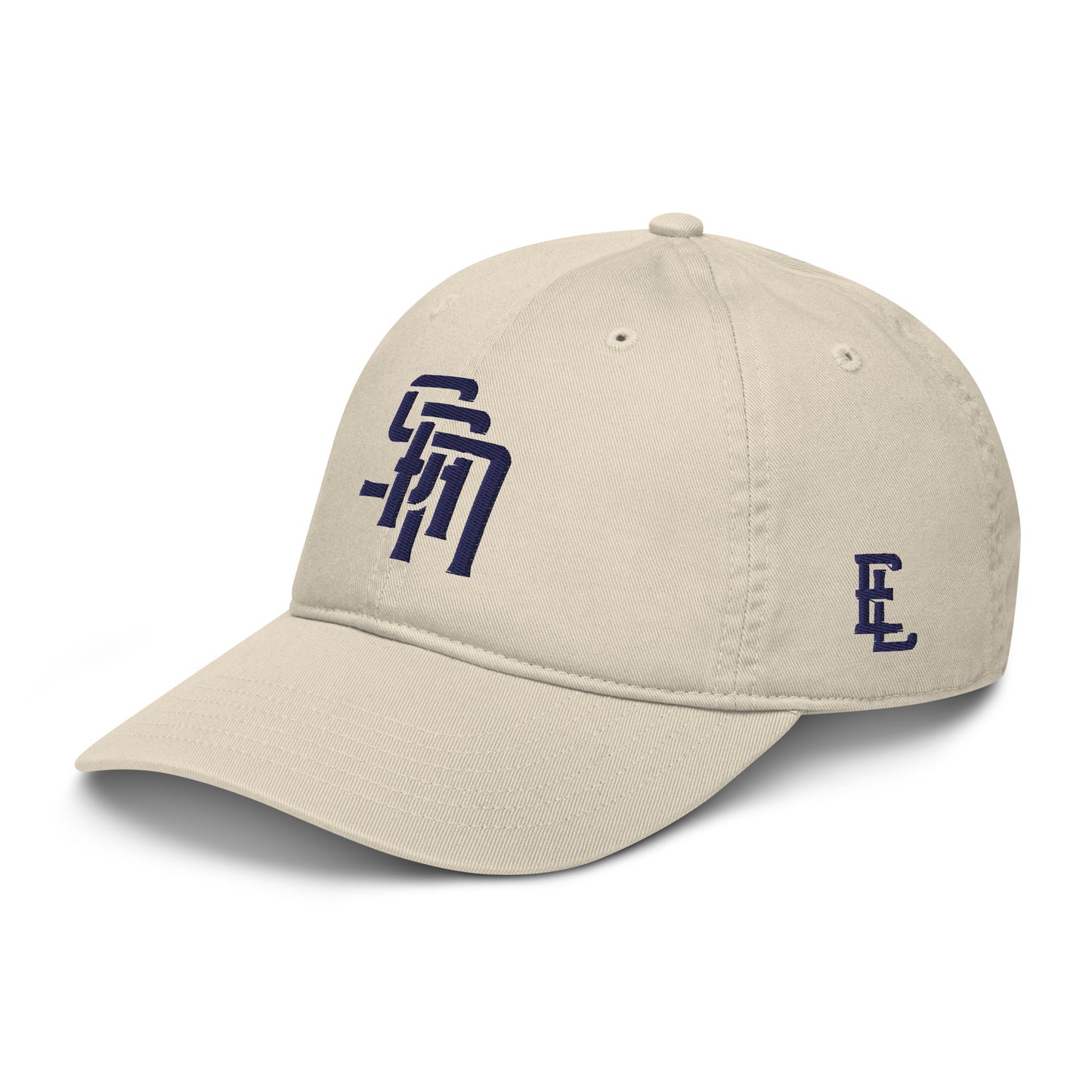 "SAN" Organic Baseball Cap | Econscious EC7000 | E Luna Brand ESSENTIAL Duocrest 2 Navy Thread Logos: Front & Left