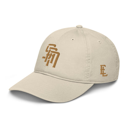 "SAN" Organic Baseball Cap | Econscious EC7000 | E Luna Brand ESSENTIAL Duocrest 2 Old Gold Thread Logos: Front & Left