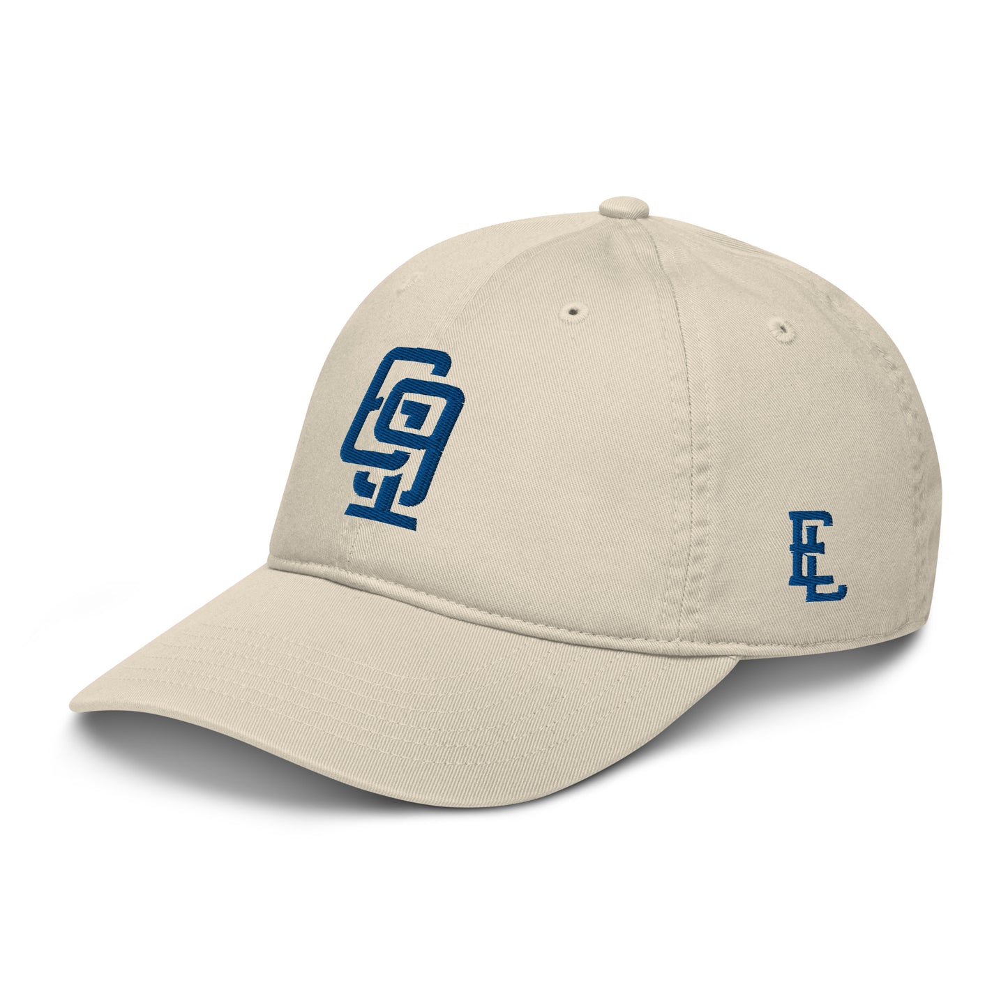 "619" Organic Baseball Cap | Econscious EC7000 | E Luna SELECT Tricrest 3 Royal Thread Front, Left Side & Back Logos