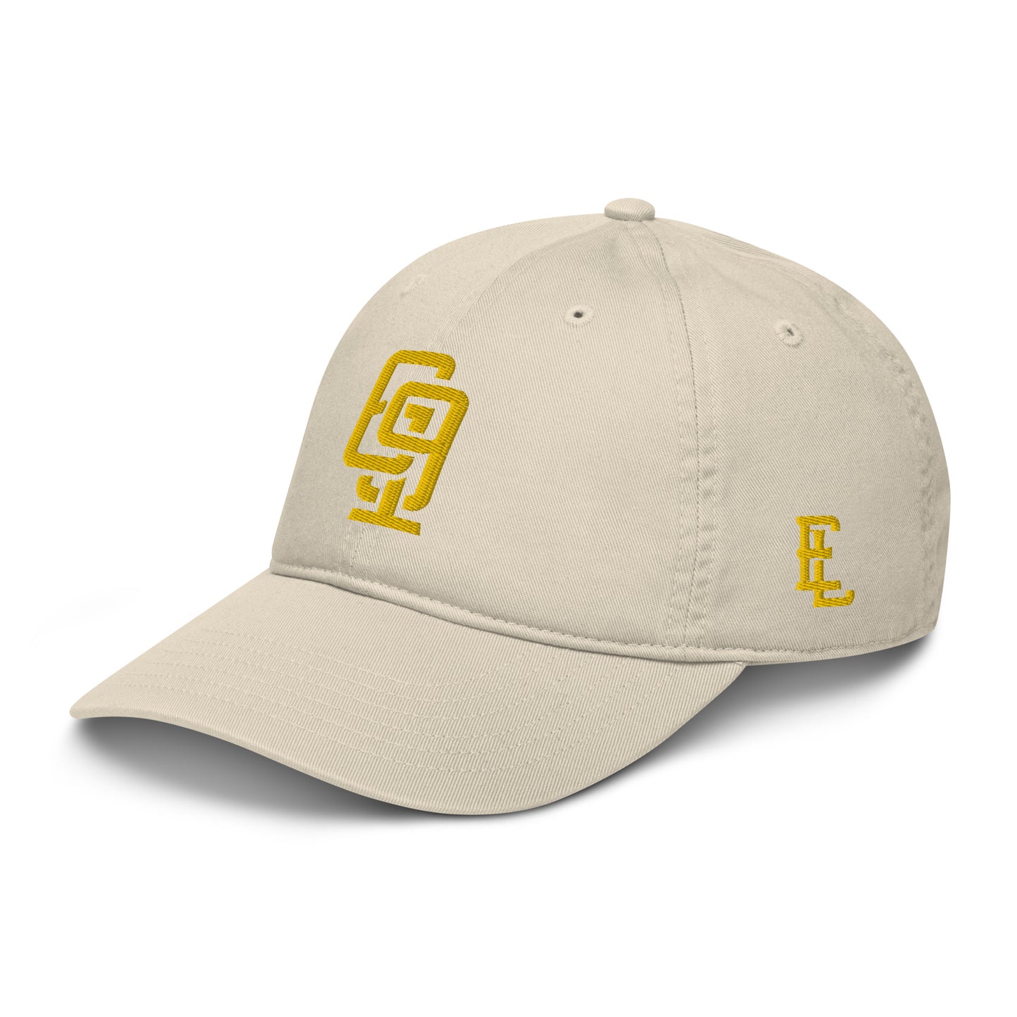 "619" Organic Baseball Cap | Econscious EC7000 | E Luna SELECT Tricrest 3 Gold Thread Front, Left Side & Back Logos