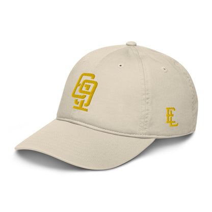 "619" Organic Baseball Cap | Econscious EC7000 | E Luna ESSENTIAL Duocrest 2 Gold Thread Front & Left Side Logos