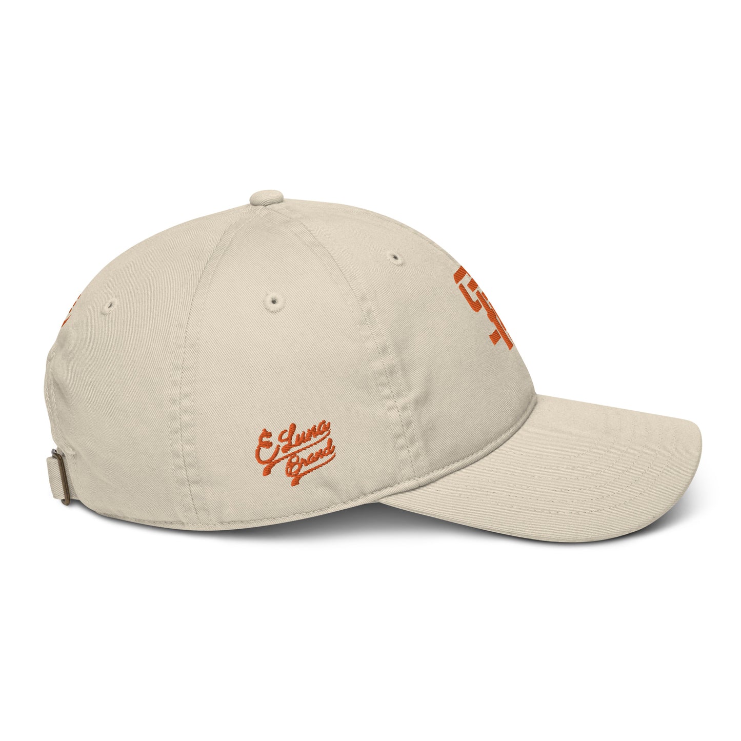 "SAN" Organic Baseball Cap | Econscious EC7000 | E Luna Brand PREMIUM Quadcrest 4 Orange Thread Logos: Front, Left, Right Signature & Back [3D Puff Edition]