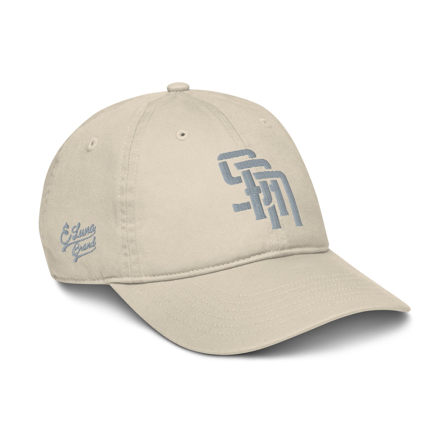 "SAN" Organic Baseball Cap | Econscious EC7000 | E Luna Brand PREMIUM Quadcrest 4 Grey Thread Logos: Front, Left, Right Signature & Back [3D Puff Edition]