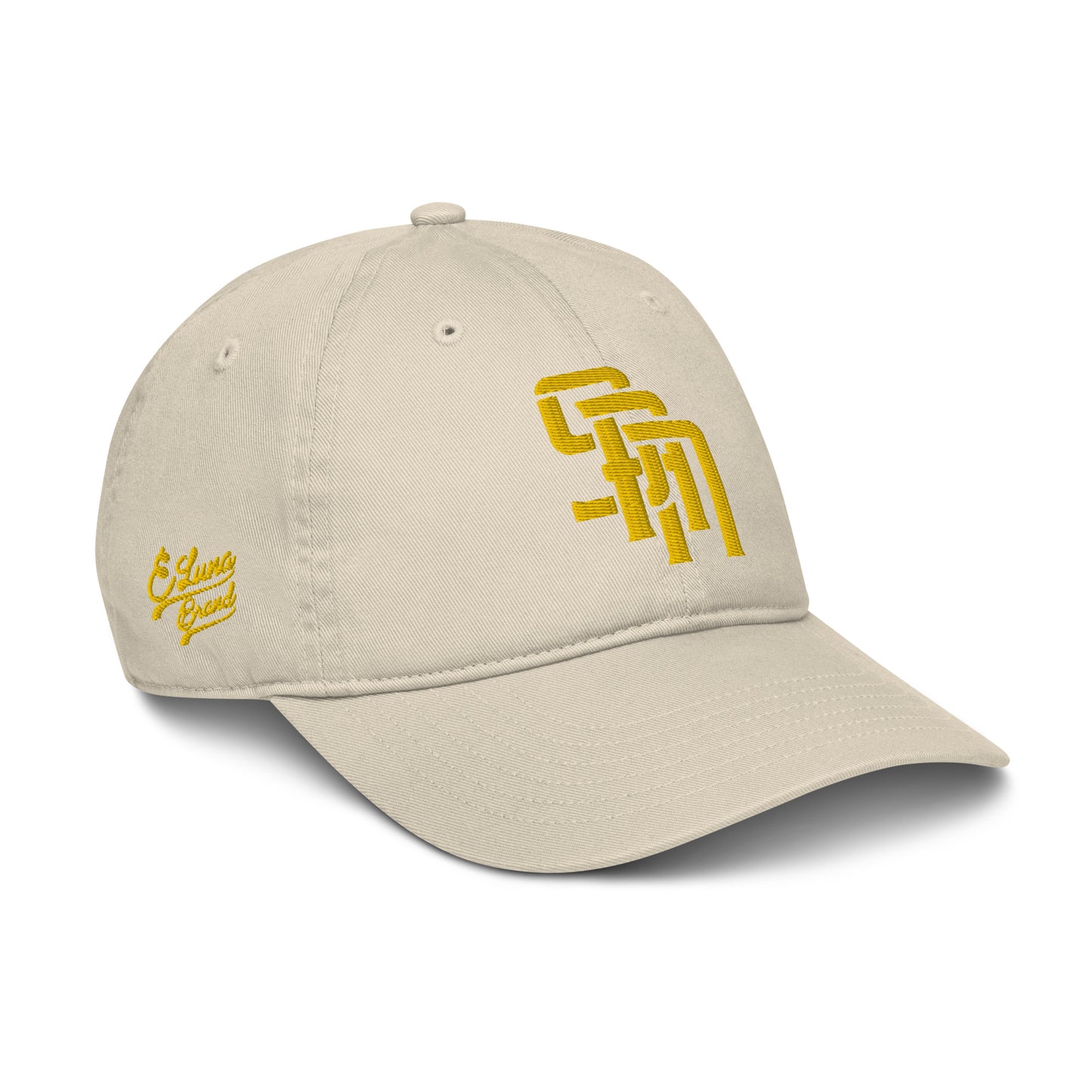 "SAN" Organic Baseball Cap | Econscious EC7000 | E Luna Brand PREMIUM Quadcrest 4 Gold Thread Logos: Front, Left, Right Signature & Back [3D Puff Edition]