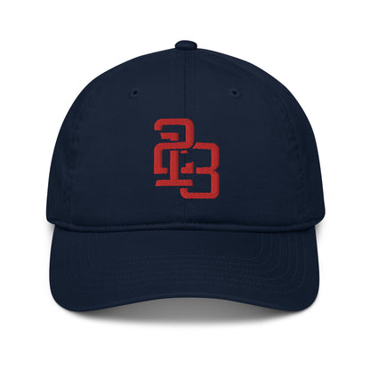 "213" Organic Baseball Cap | Econscious EC7000 | E Luna SELECT Duocrest 3 Red Thread Front, Left Side & Back Logos