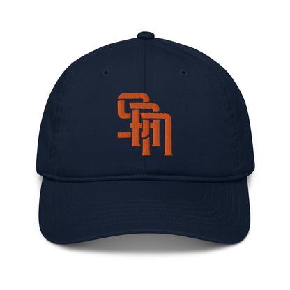 "SAN" Organic Baseball Cap | Econscious EC7000 | E Luna Brand SELECT Tricrest 3 Orange Thread Logos: Front, Left & Back [3D Puff Edition]