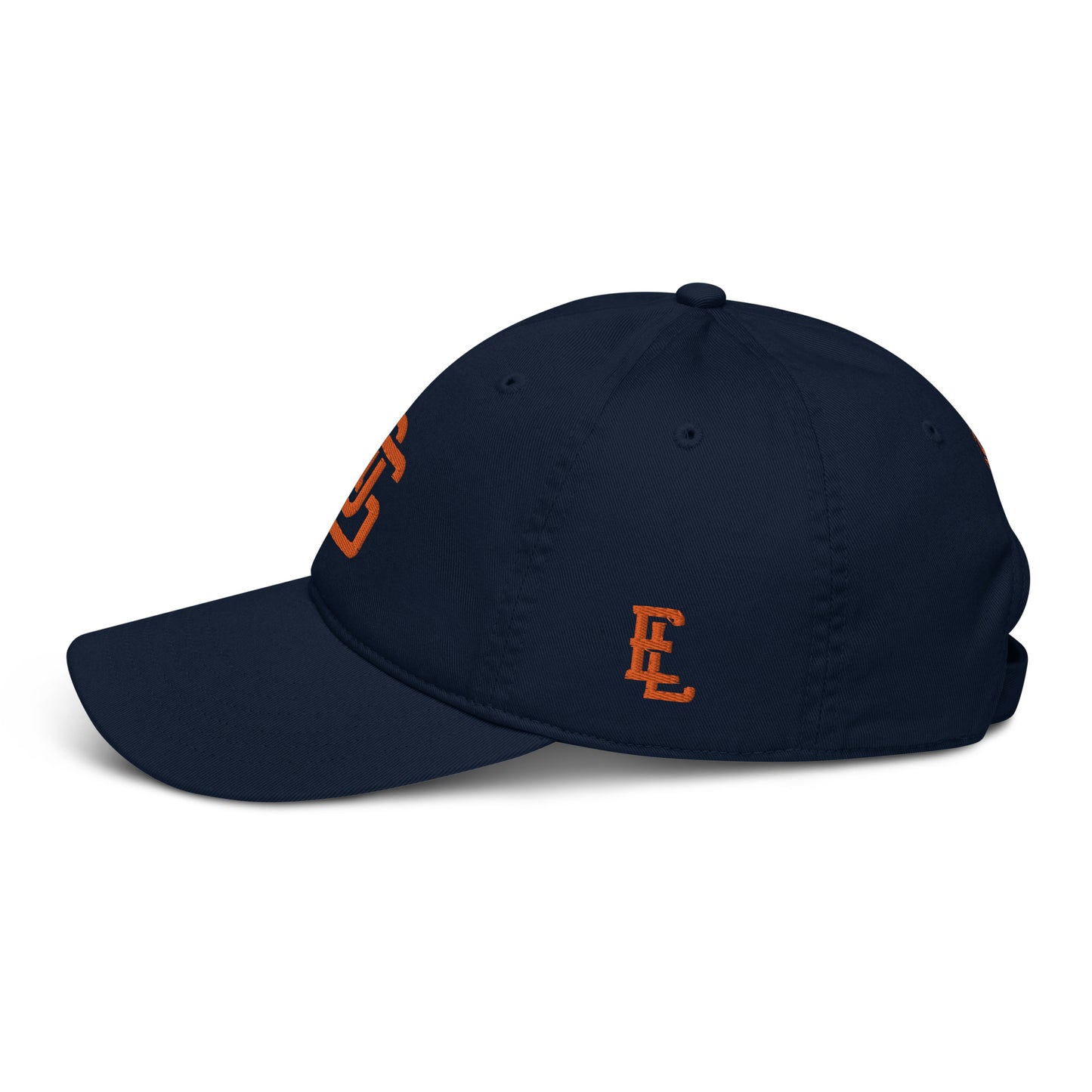 "LOS" Organic Baseball Cap | Econscious EC7000 | E Luna SELECT Tricrest 3 Orange Thread Front, Left Side & Back Logos