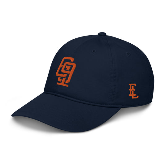 "619" Organic Baseball Cap | Econscious EC7000 | E Luna SELECT Tricrest 3 Orange Thread Front, Left Side & Back Logos