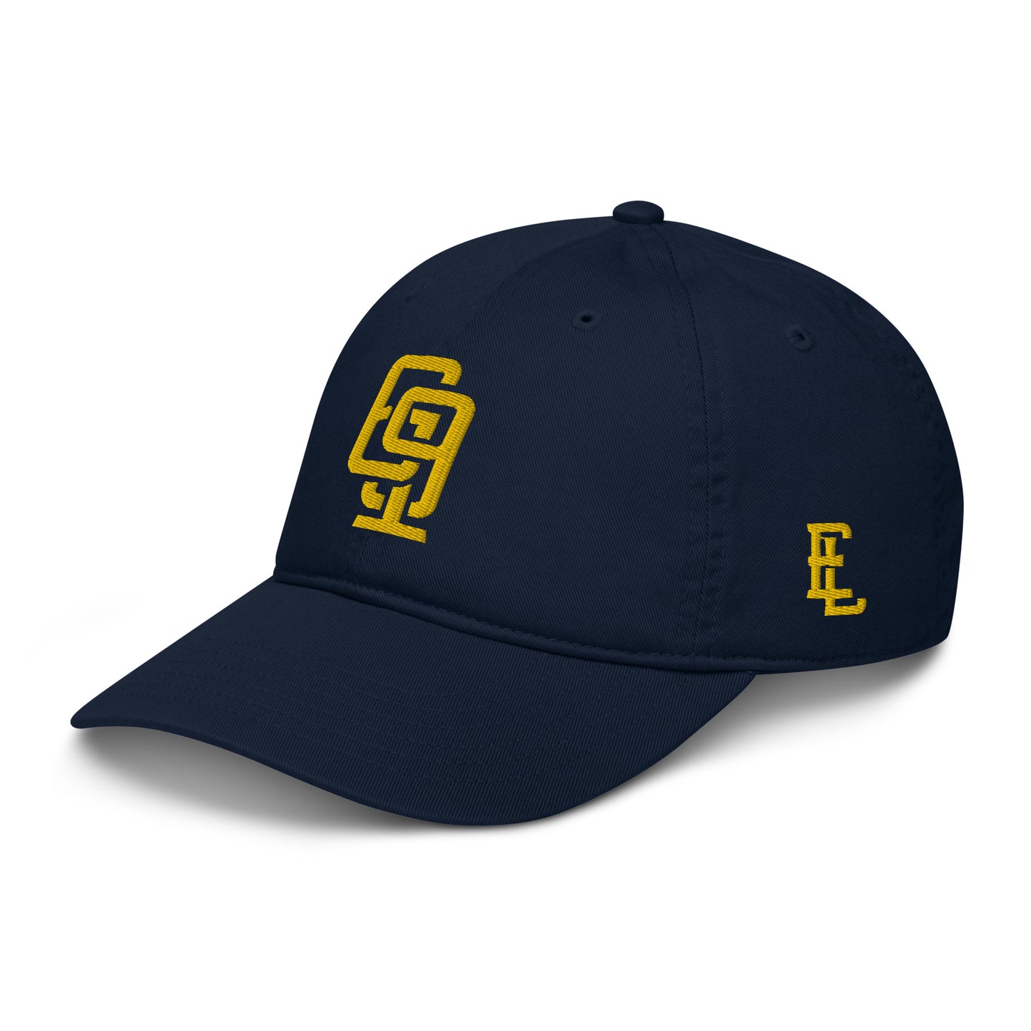 "619" Organic Baseball Cap | Econscious EC7000 | E Luna ESSENTIAL Duocrest 2 Gold Thread Front & Left Side Logos