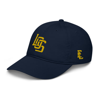 "LOS" Organic Baseball Cap | Econscious EC7000 | E Luna SELECT Tricrest 3 Gold Thread Front, Left Side & Back Logos