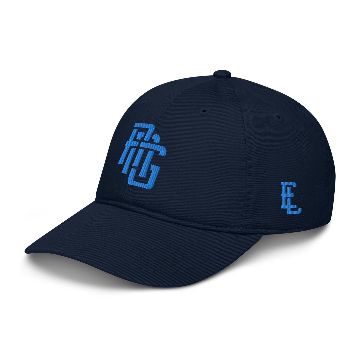 "ANG" Organic Baseball Cap | Econscious EC7000 | E Luna SELECT Tricrest 3 Aqua/Teal Thread Front, Left Side & Back Logos