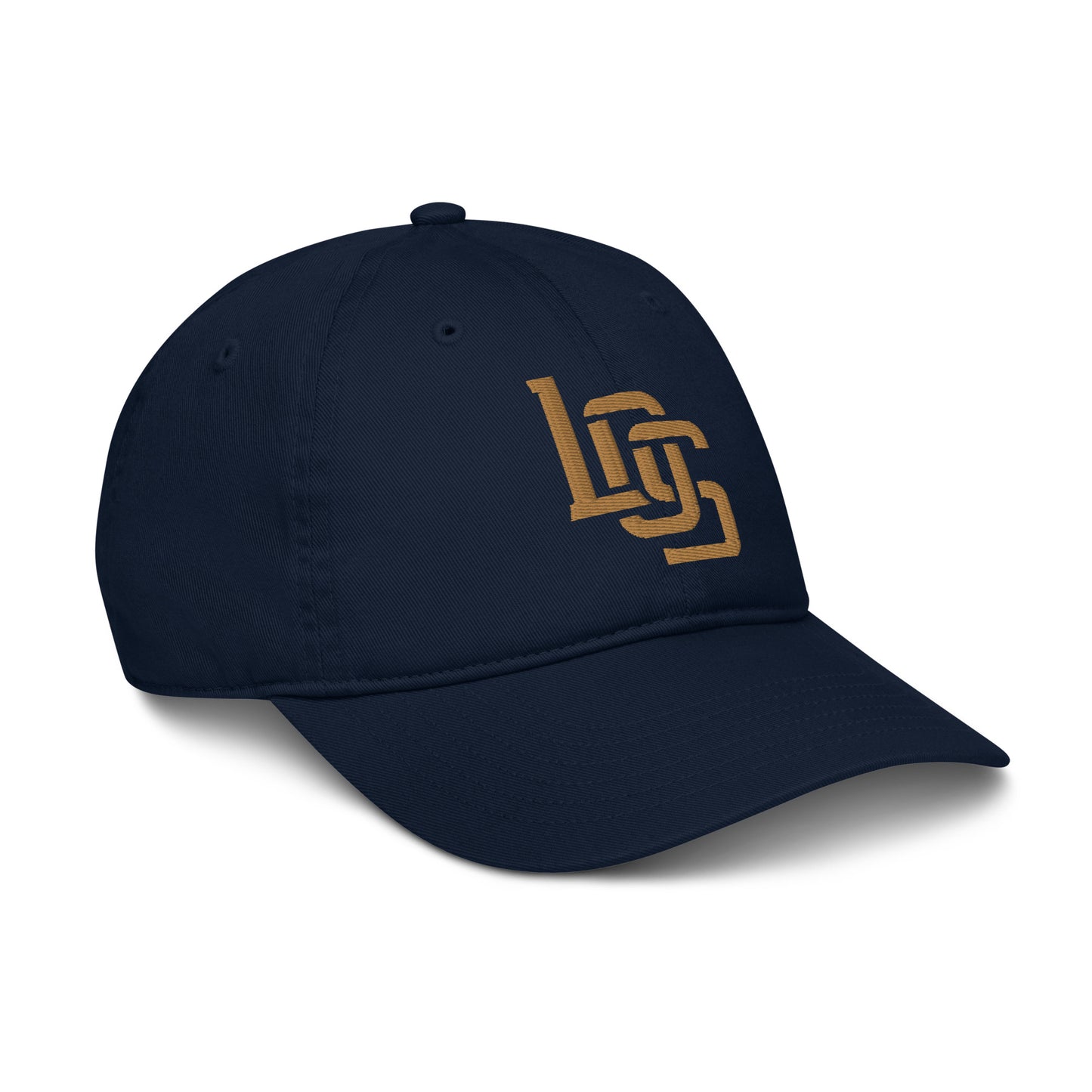 "LOS" Organic Baseball Cap | Econscious EC7000 | E Luna SELECT Tricrest 3 Old Gold Thread Front, Left Side & Back Logos