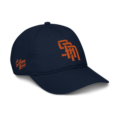 "SAN" Organic Baseball Cap | Econscious EC7000 | E Luna Brand PREMIUM Quadcrest 4 Orange Thread Logos: Front, Left, Right Signature & Back [3D Puff Edition]