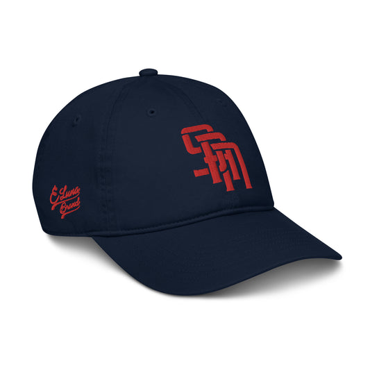 "SAN" Organic Baseball Cap | Econscious EC7000 | E Luna Brand PREMIUM Quadcrest 4 Red Thread Logos: Front, Left, Right Signature & Back [3D Puff Edition]