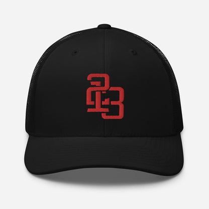 "213" Retro Trucker Hat | Yupoong 6606 | E Luna CLASSIC Solocrest 1 Red Thread Front Logo